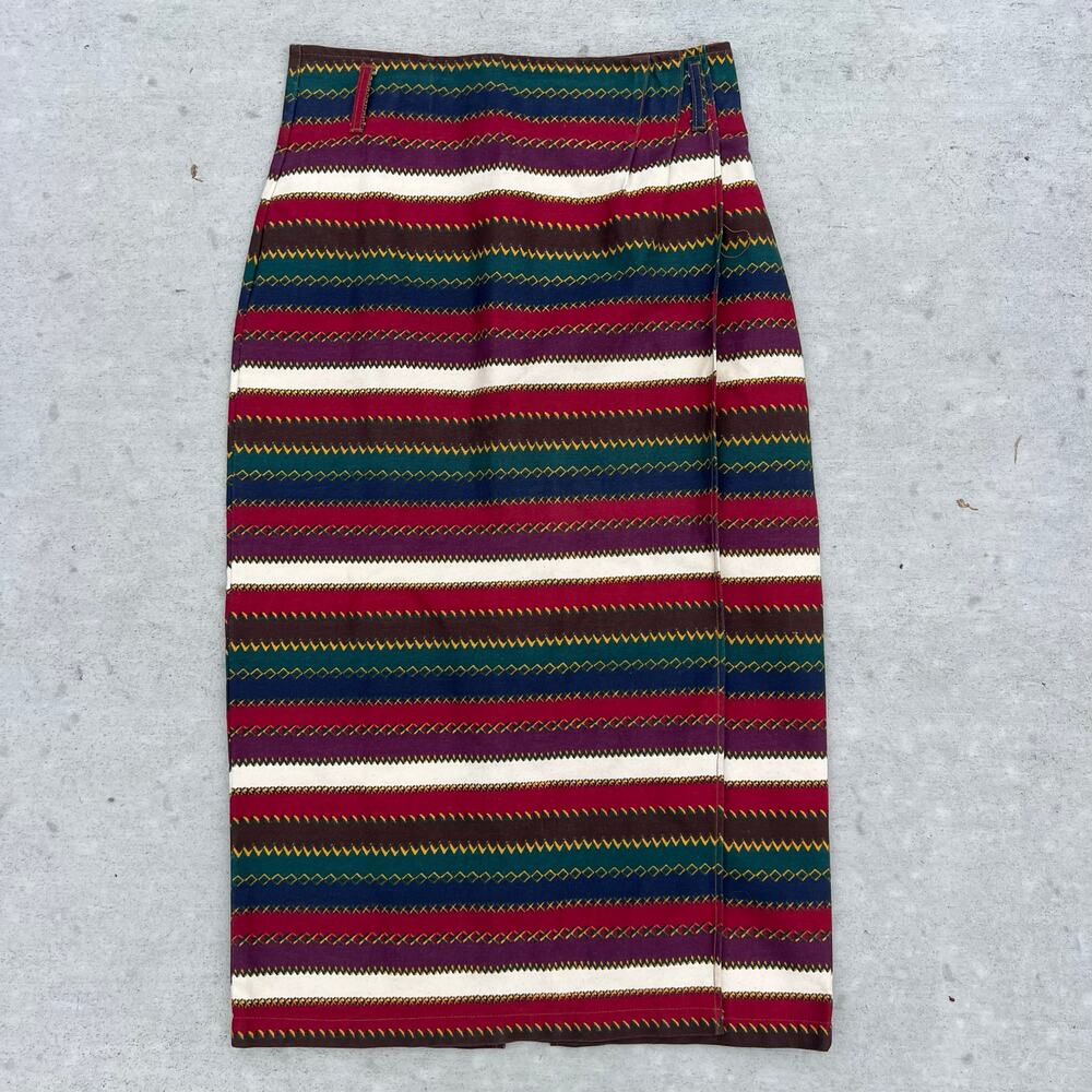 Vintage 80s BeBop Fall Aztec Southwestern Stripe Faux Wrap Midi Pencil Skirt 13